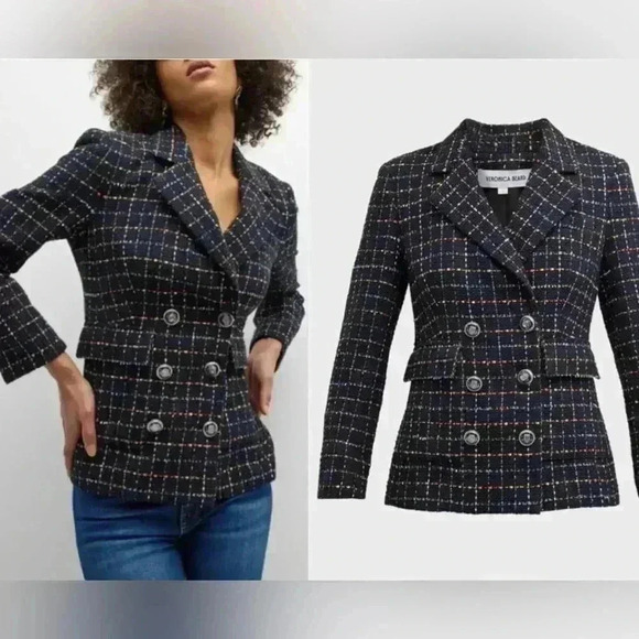 Veronica Beard Rumer Dickey Blazer Jacket 6 Tweed Double Breasted Navy Tweed - Picture 2 of 9